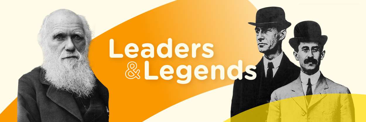 Header blog Leaders & Legends, de nieuwe podcast van Vivaldis. Darwin en Wright Brothers.